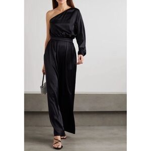 Rivet Utility Flirt Jumpsuit Black Satin One Shoulder Wide Leg Size M‎